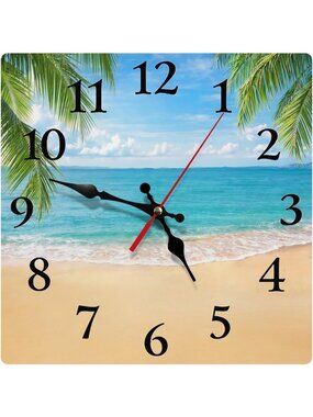 Silent Non-Ticking 12” Square Wall Clock - Beach Palm Decor for Home & Office